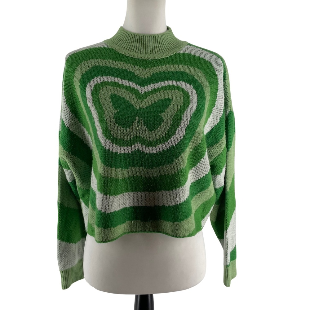 H&M Divided Butterfly Heart Cropped Green Sweater Women's Medium Artsy St Pattys
